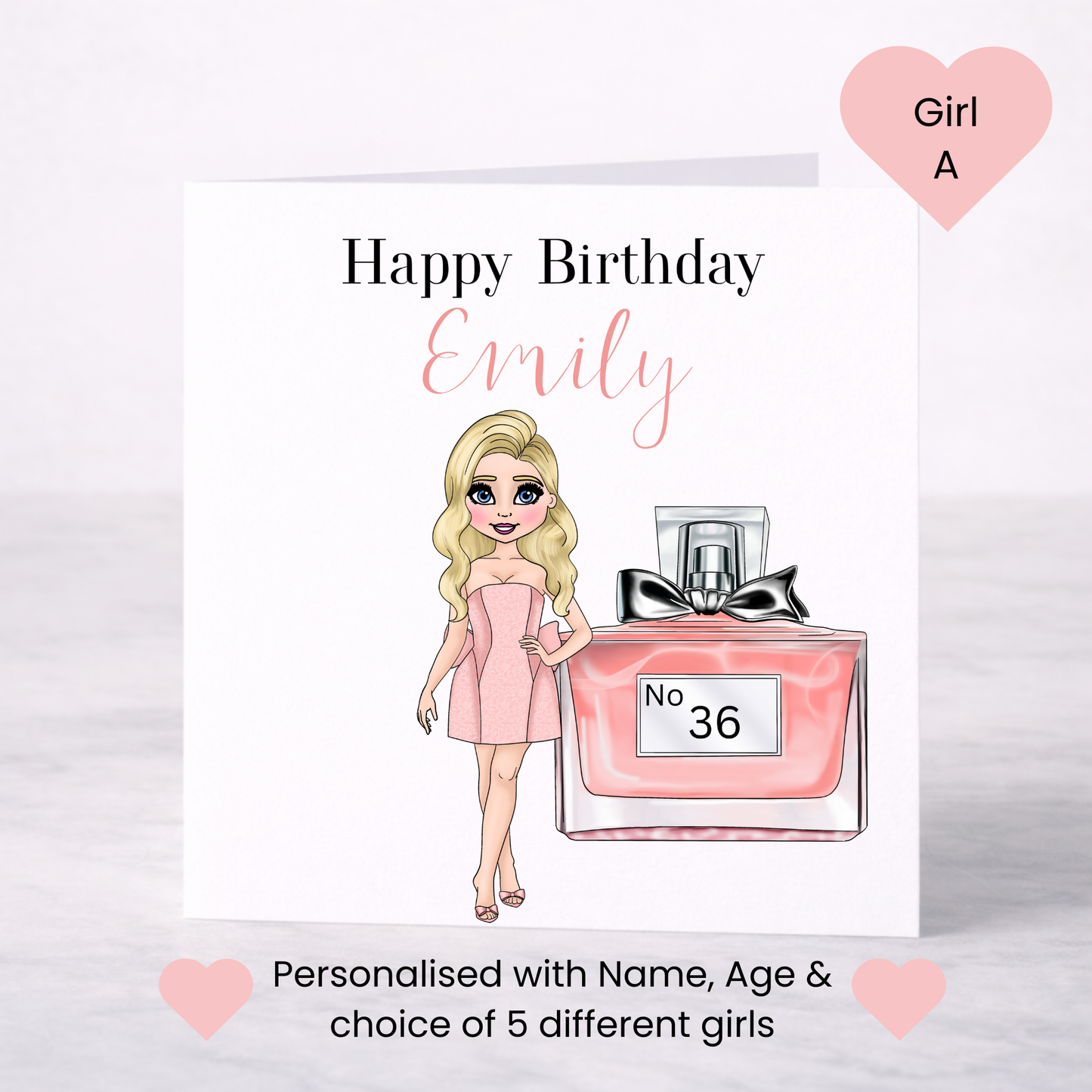 Personalised Perfume Bottle Birthday Card – Choice of Girl & Age