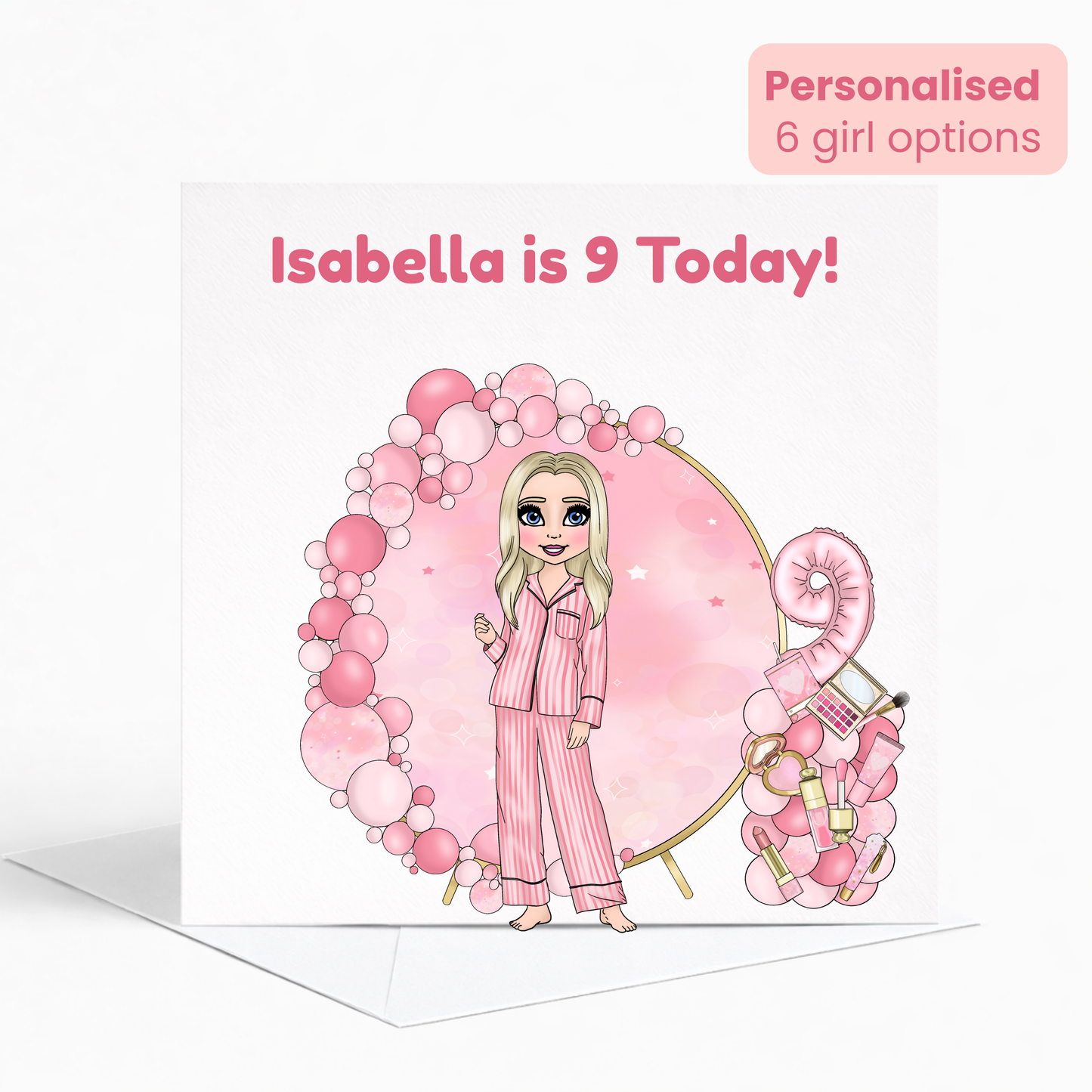 Personalised Beauty Birthday Card for Girls, Pink Pamper Spa Theme Card, Custom Name & Age Card, Sleepover Birthday Card, Stylish Girls Birthday