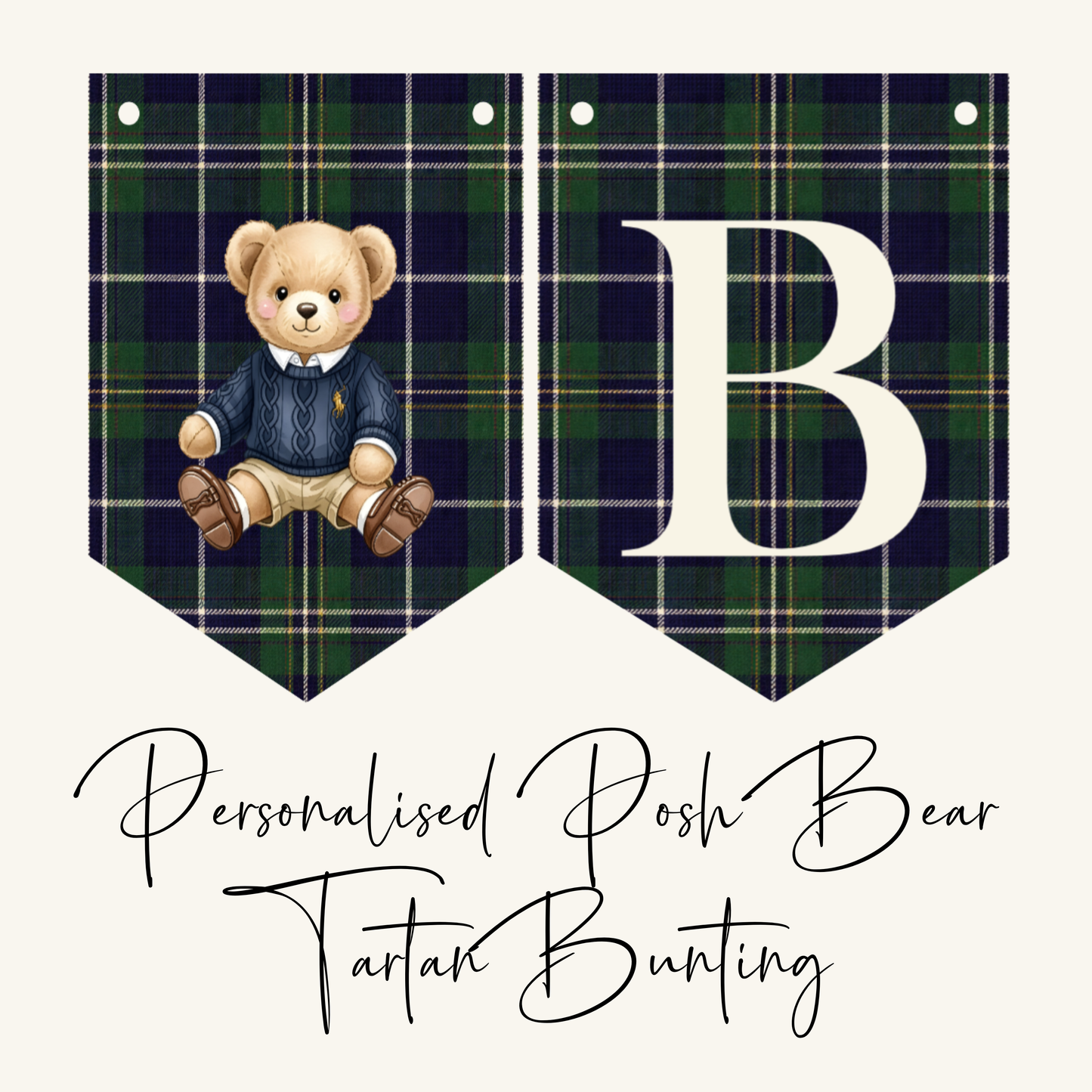 Personalised Teddy Bear Name Bunting – Preppy Tartan Plaid Nursery Banner, Classic Bear Birthday Decor