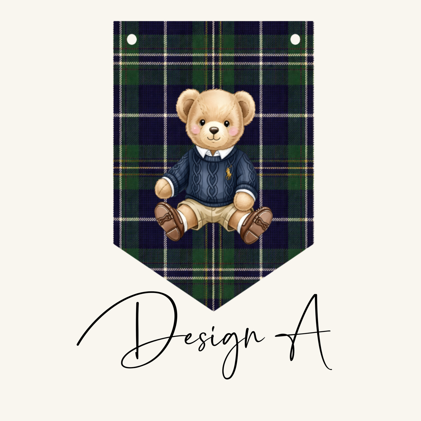 Personalised Teddy Bear Name Bunting – Preppy Tartan Plaid Nursery Banner, Classic Bear Birthday Decor