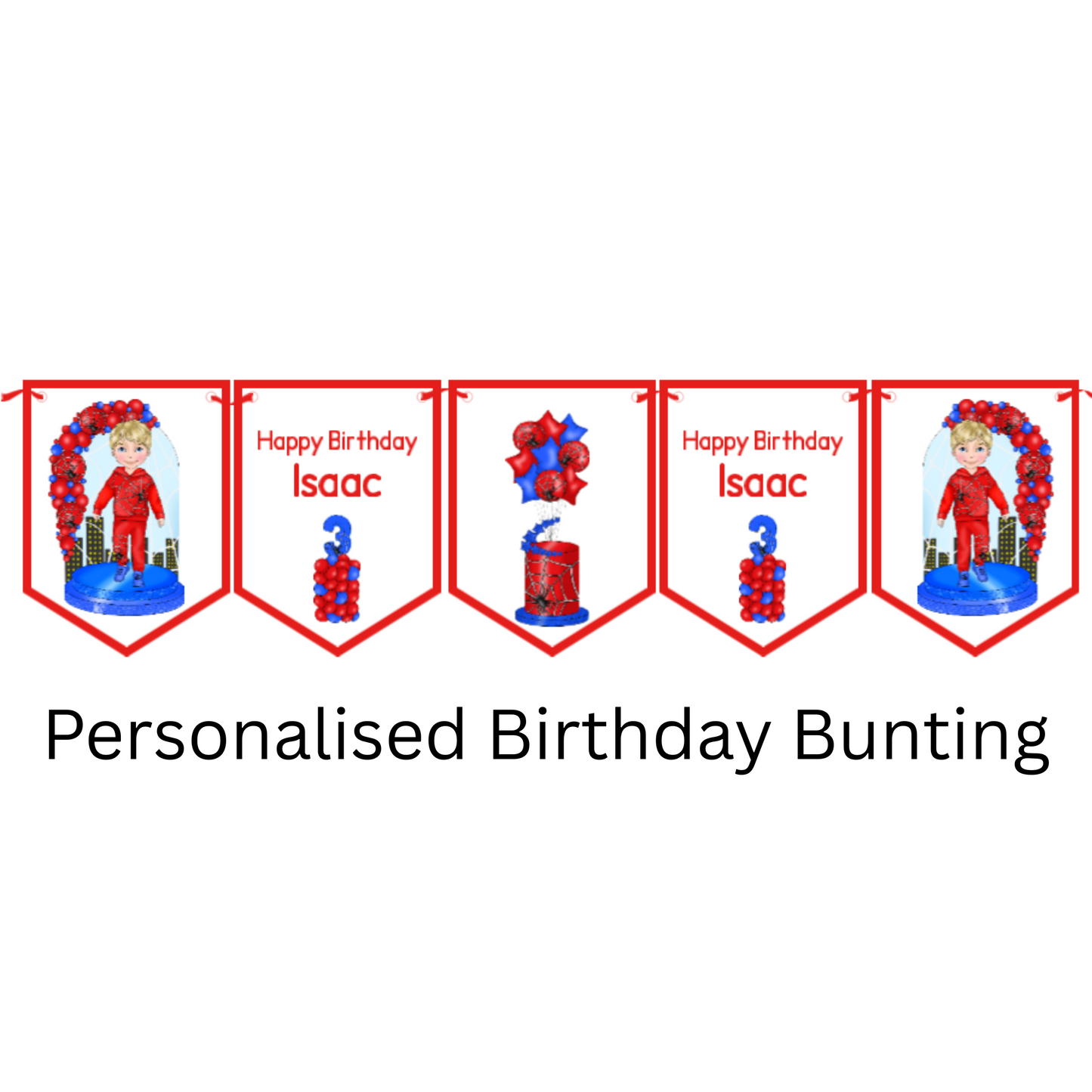 Personalised Superhero Birthday Bunting – Red & Blue Spider Web | Custom Name & Age