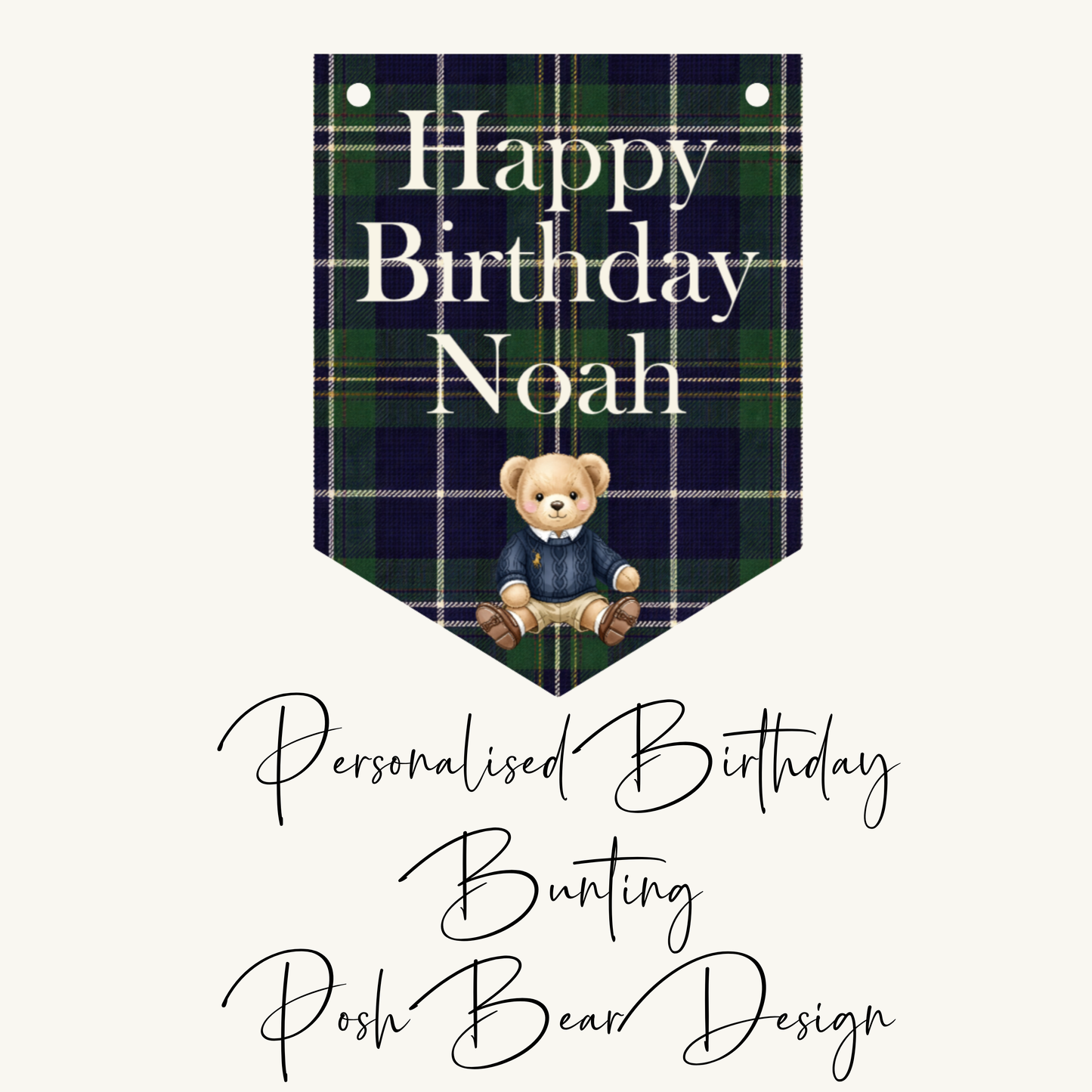 Personalised Posh Teddy Bear Birthday Banner – Vintage Tartan Plaid Bunting (Ages 1–3)