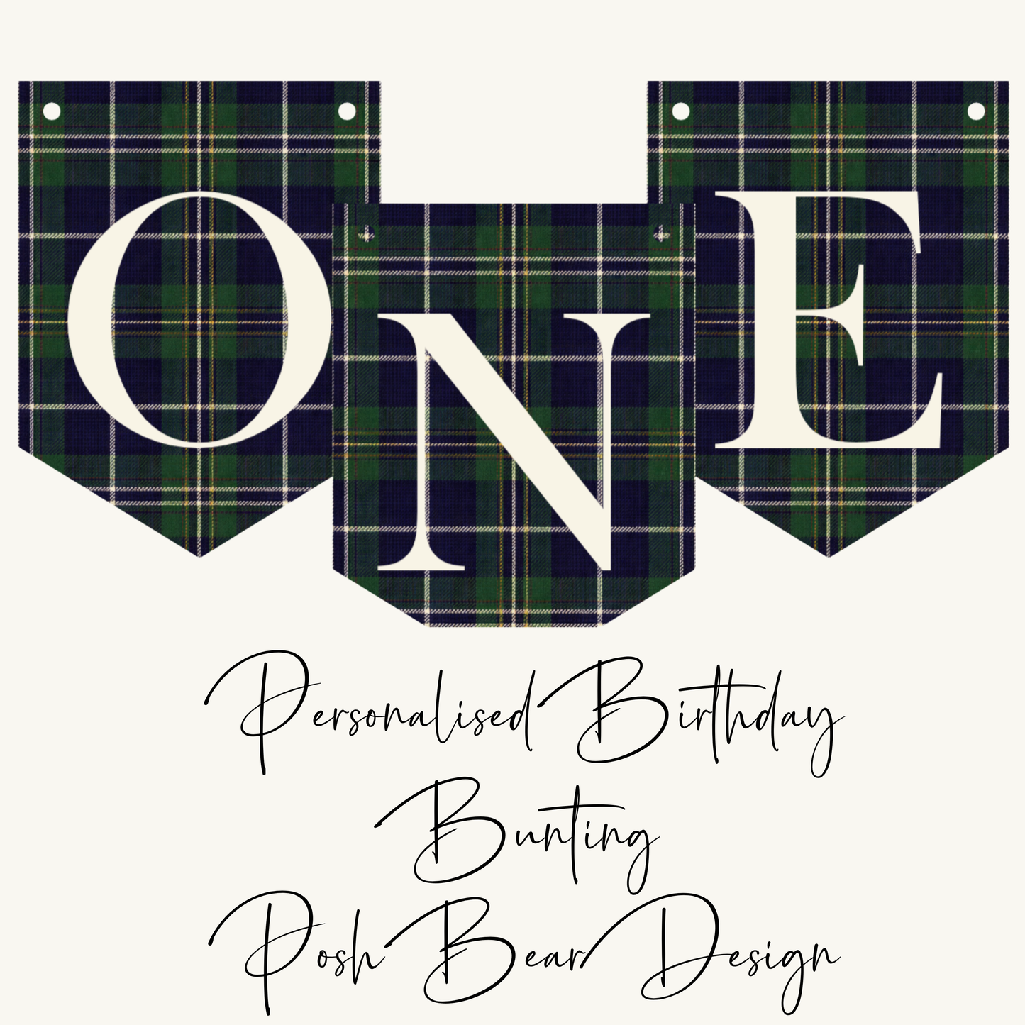 Personalised Posh Teddy Bear Birthday Banner – Vintage Tartan Plaid Bunting (Ages 1–3)