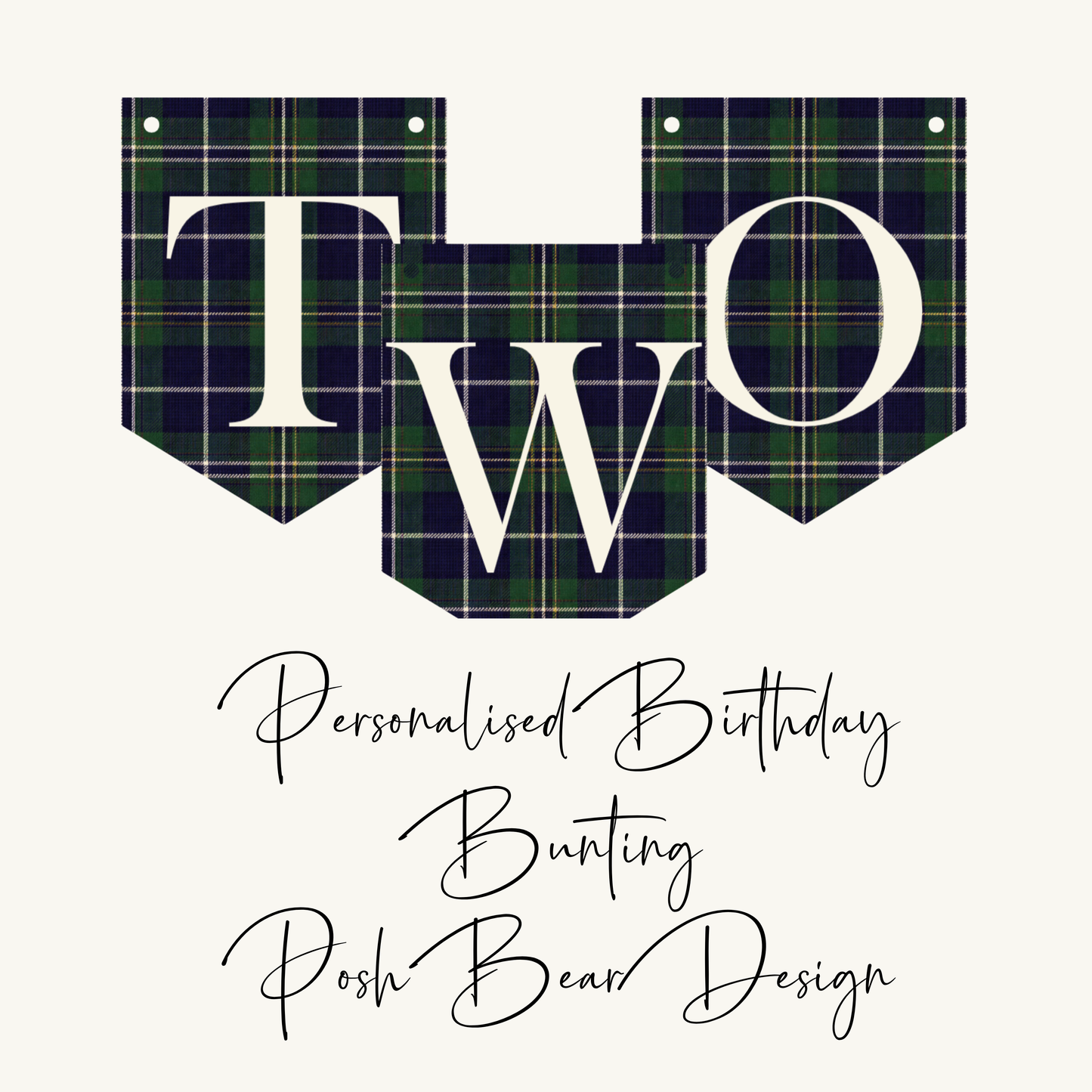 Personalised Posh Teddy Bear Birthday Banner – Vintage Tartan Plaid Bunting (Ages 1–3)