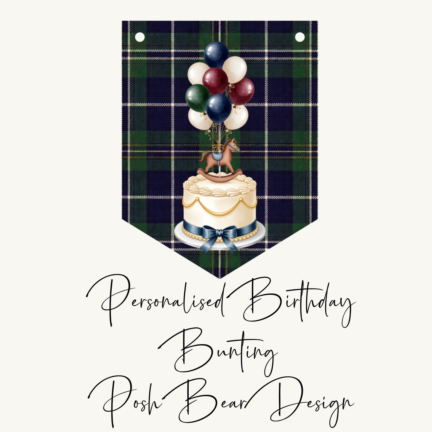 Personalised Posh Teddy Bear Birthday Banner – Vintage Tartan Plaid Bunting (Ages 1–3)