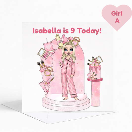 Personalised Beauty Birthday Card for Girls, Pink Pamper Spa Theme Card, Custom Name & Age Card, Sleepover Birthday Card, Stylish Girls Birthday