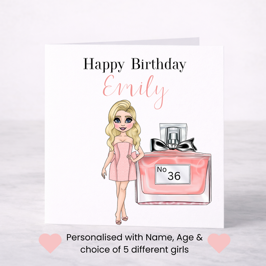 Personalised Perfume Bottle Birthday Card – Choice of Girl & Age