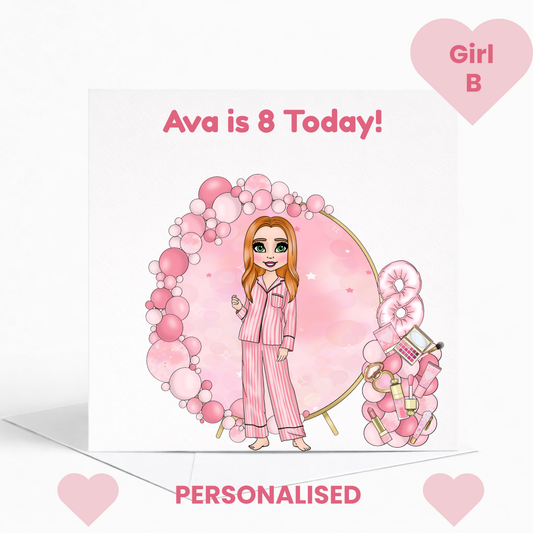 Personalised Beauty Birthday Card for Girls, Pink Pamper Spa Theme Card, Custom Name & Age Card, Sleepover Birthday Card, Stylish Girls Birthday
