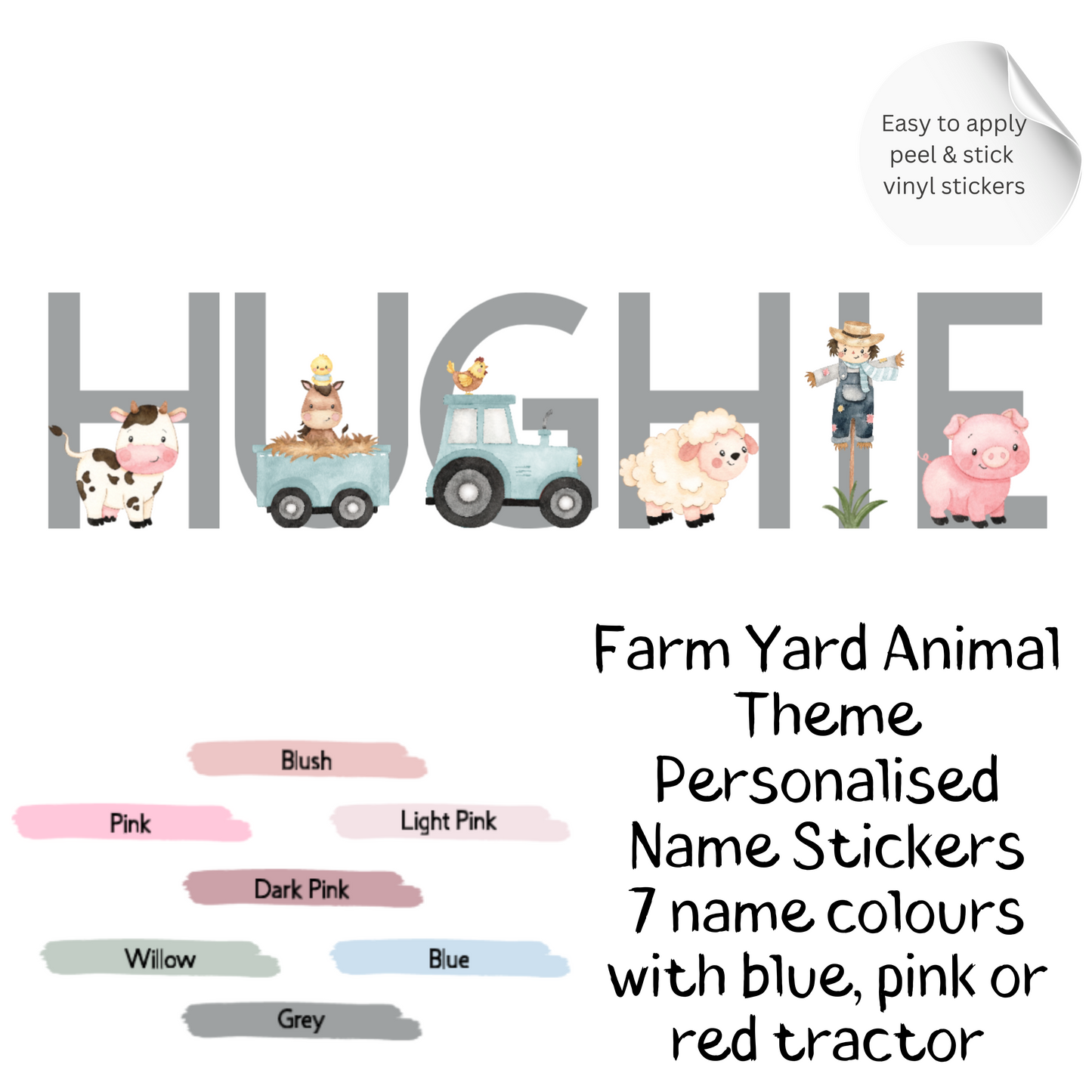 Personalised Pink Farm Animal Name Wall Stickers 5"/12.7 cm – Nursery Vinyl Decal, Tractor Farm Decor for Girls Room
