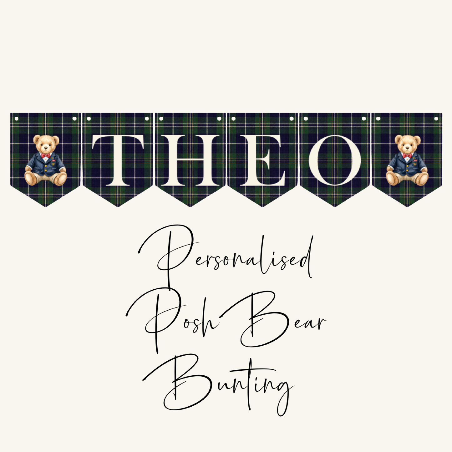 Personalised Teddy Bear Name Bunting – Preppy Tartan Plaid Nursery Banner, Classic Bear Birthday Decor