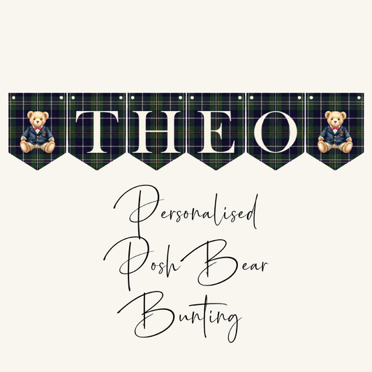 Personalised Teddy Bear Name Bunting – Preppy Tartan Plaid Nursery Banner, Classic Bear Birthday Decor