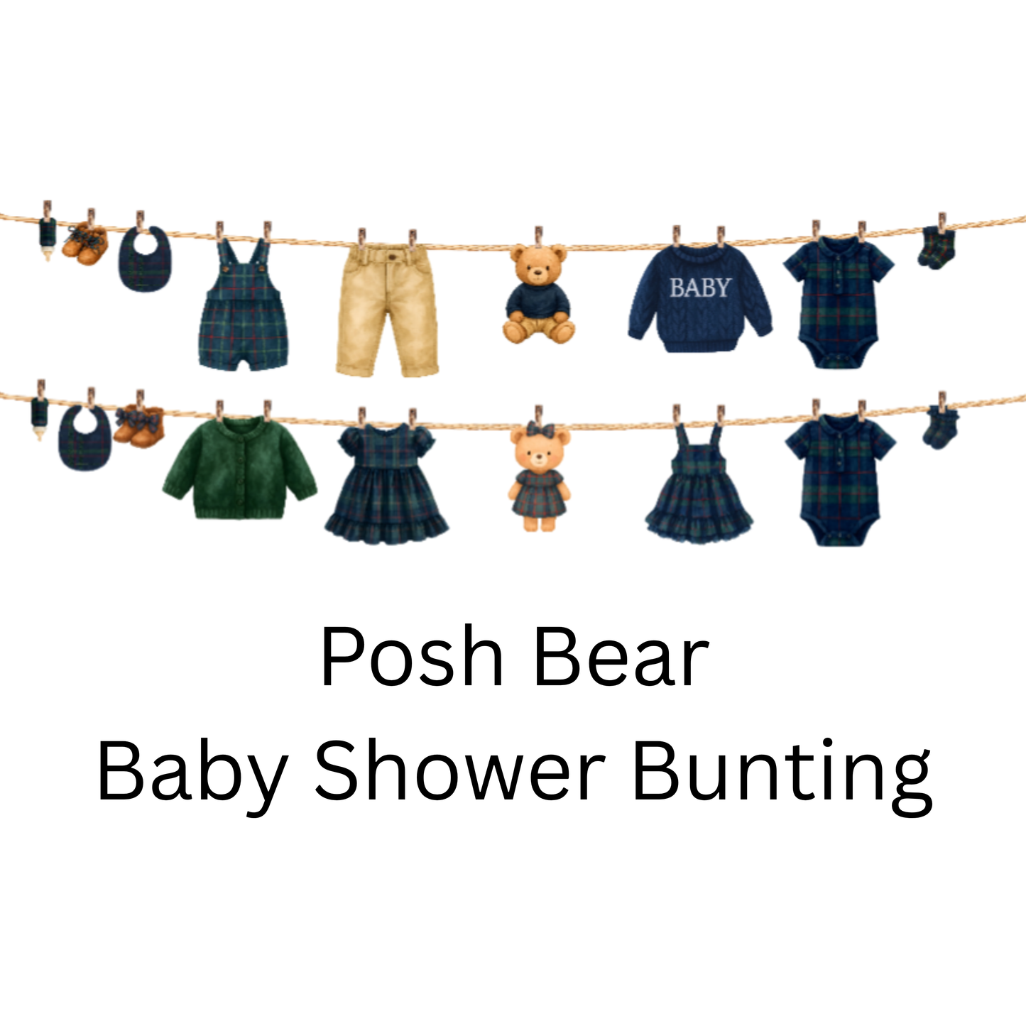 Posh Teddy Bear Baby Shower Bunting – Tartan Baby Clothesline Garland (Boy or Girl)