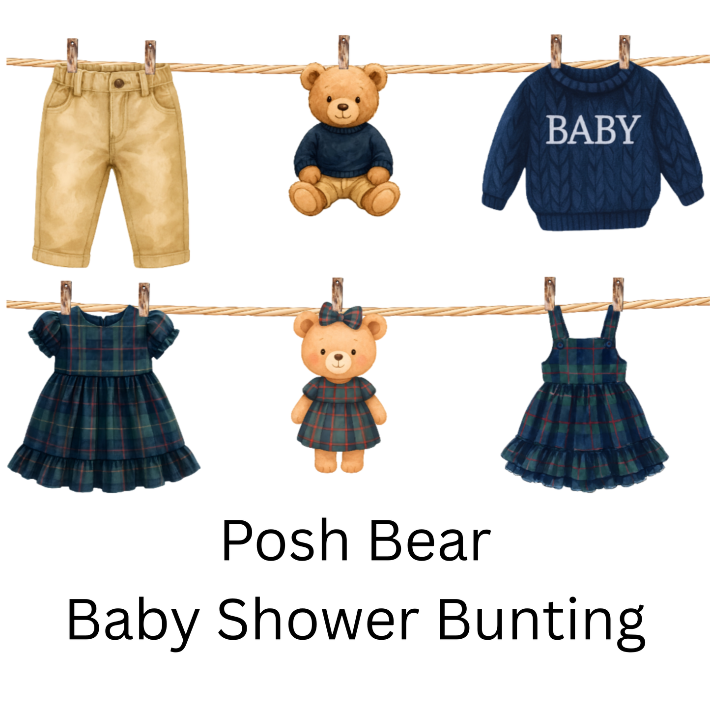 Posh Teddy Bear Baby Shower Bunting – Tartan Baby Clothesline Garland (Boy or Girl)