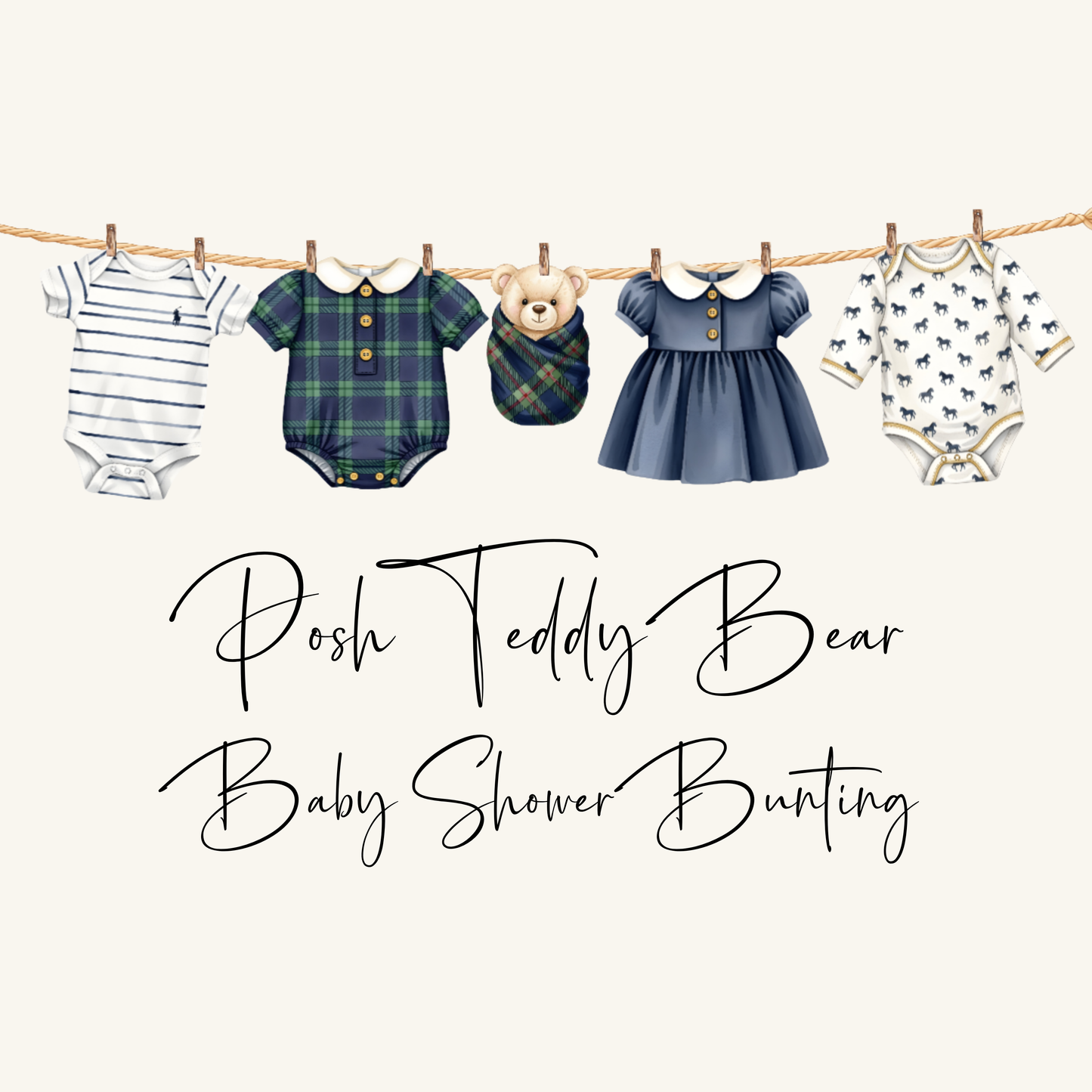 Posh Teddy Bear Baby Shower Bunting | Pony & Tartan Baby Clothes Garland (Boy or Girl)