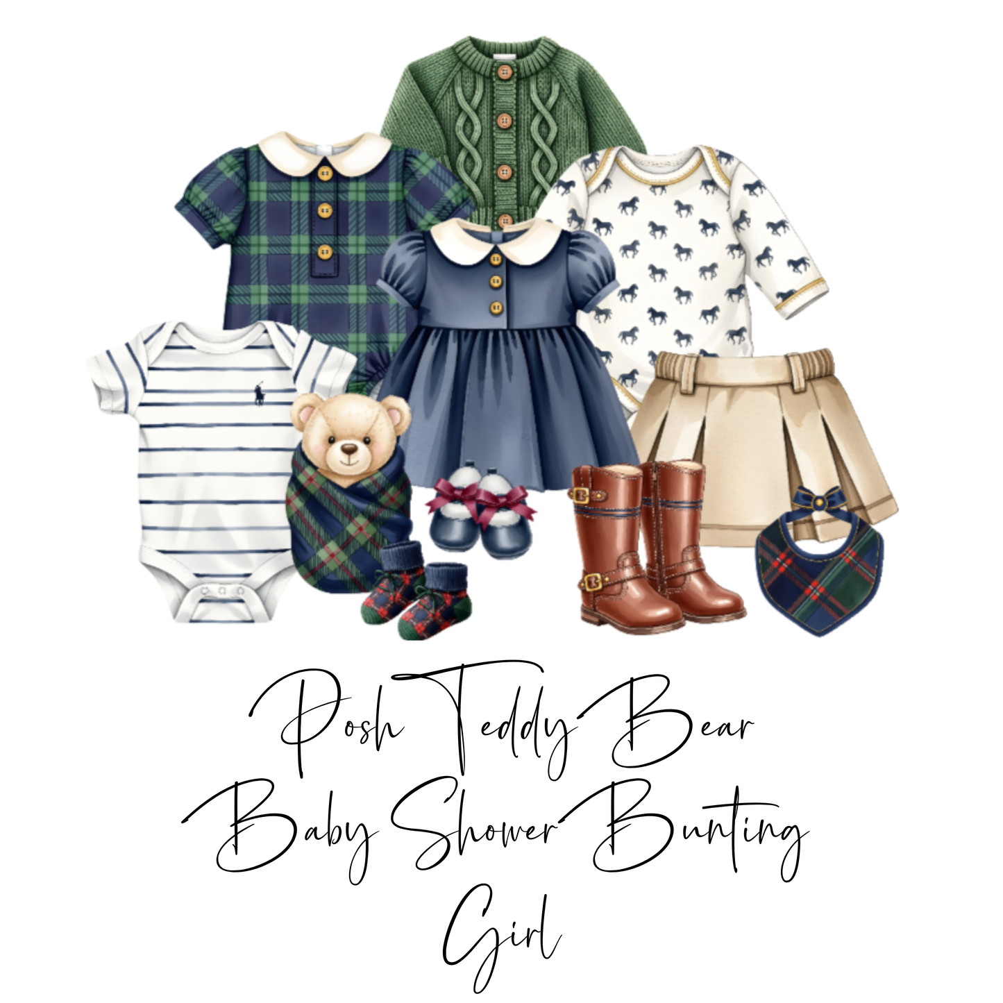 Posh Teddy Bear Baby Shower Bunting | Pony & Tartan Baby Clothes Garland (Boy or Girl)