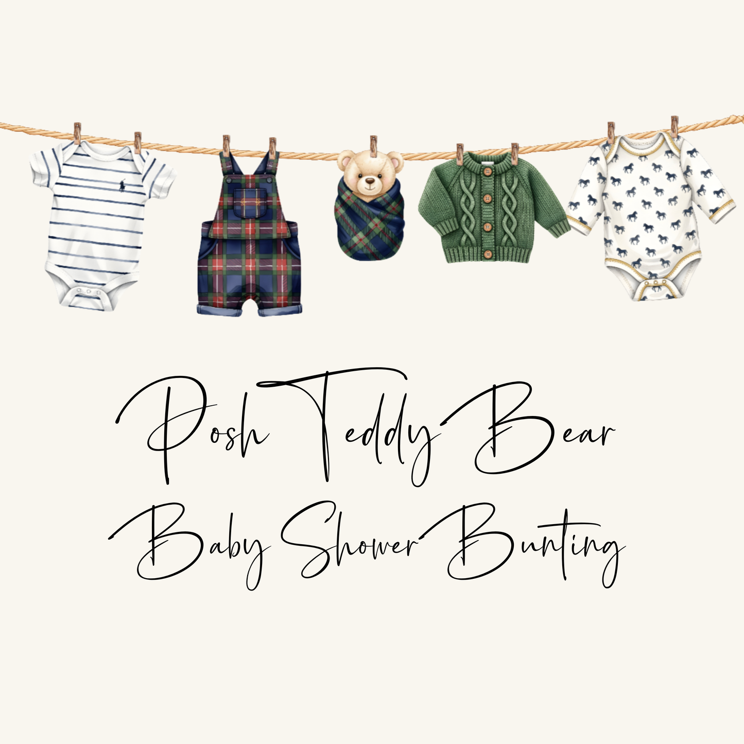 Posh Teddy Bear Baby Shower Bunting | Pony & Tartan Baby Clothes Garland (Boy or Girl)