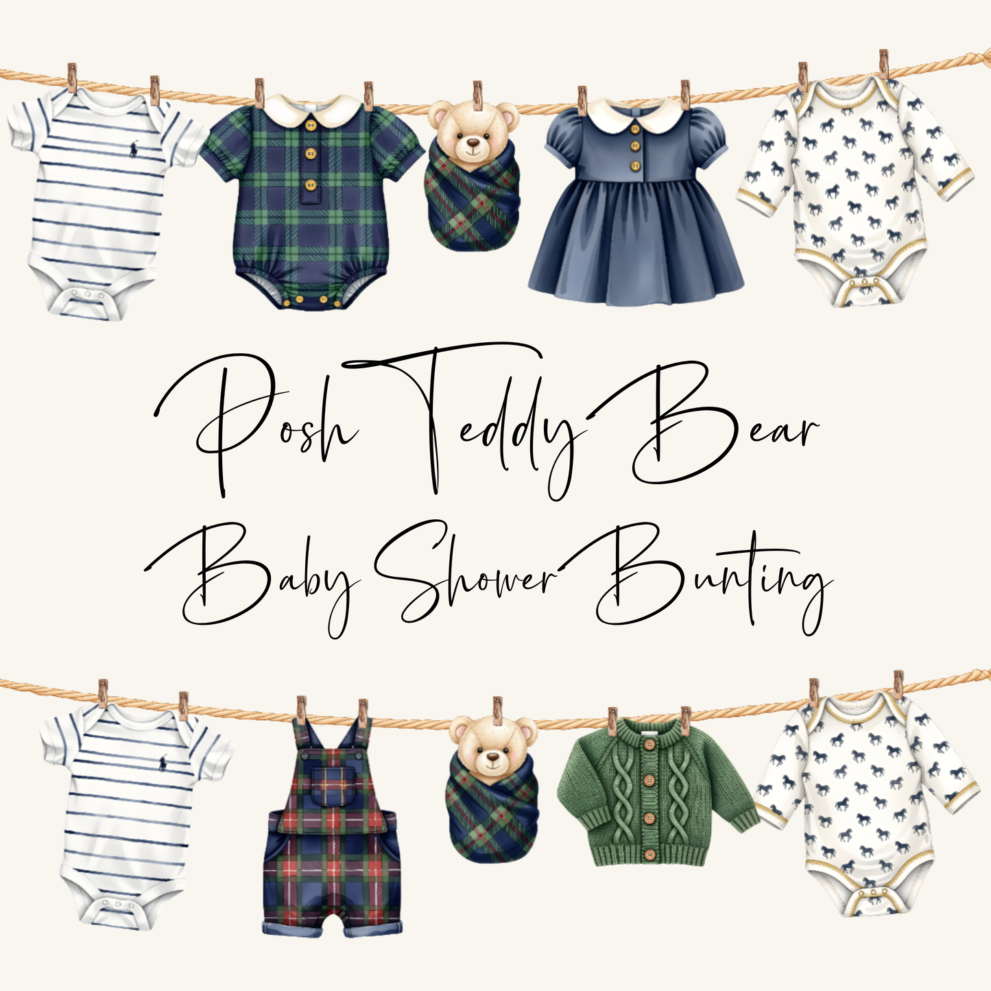 Posh Teddy Bear Baby Shower Bunting | Pony & Tartan Baby Clothes Garland (Boy or Girl)