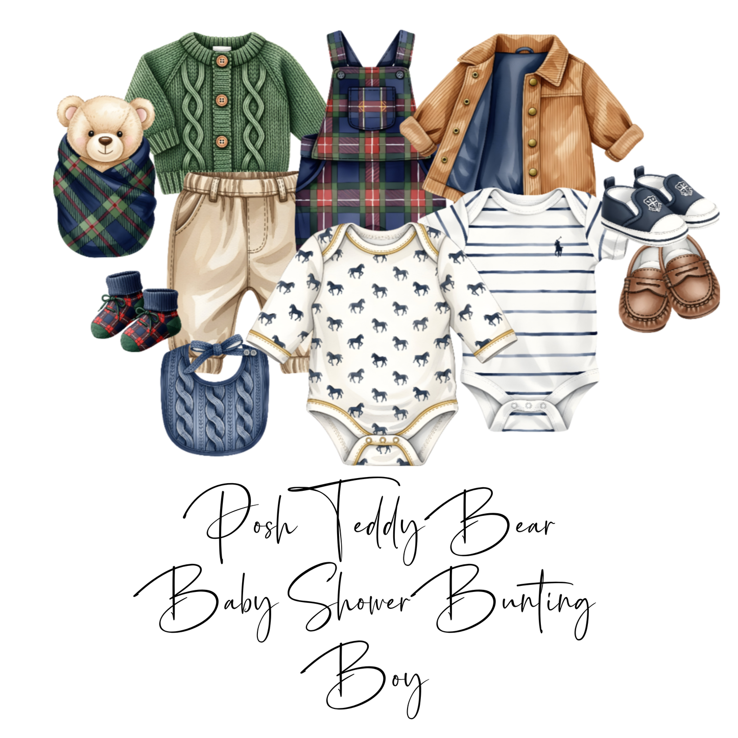Posh Teddy Bear Baby Shower Bunting | Pony & Tartan Baby Clothes Garland (Boy or Girl)