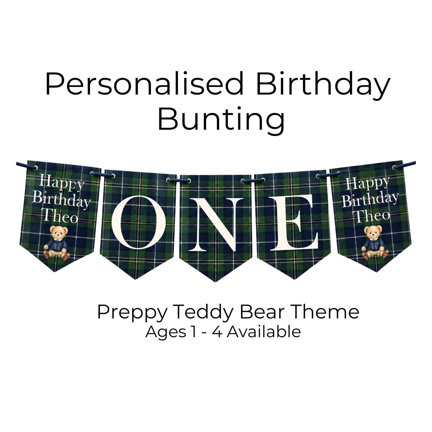 Personalised Posh Teddy Bear Birthday Banner – Vintage Tartan Plaid Bunting (Ages 1–3)