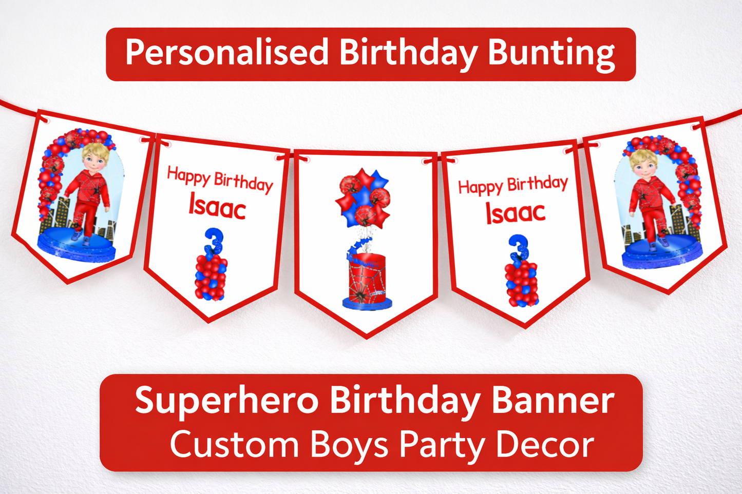 Personalised Superhero Birthday Bunting – Red & Blue Spider Web | Custom Name & Age