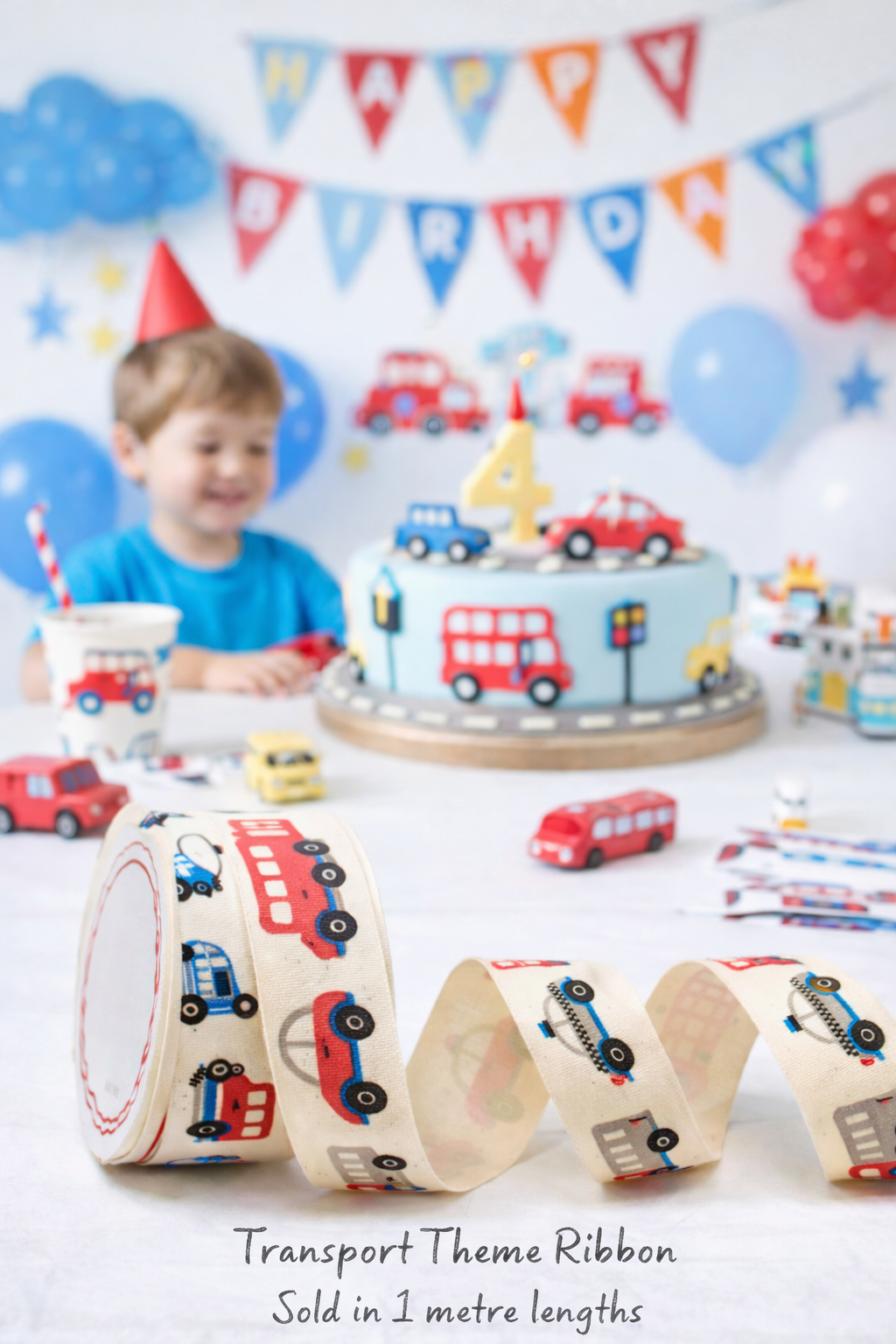 Transport Theme Ribbon, Cars Bus Truck Police Car Cotton Ribbon,  baby ribbon, boys ribbon, cake ribbon, craft ribbon,  25 mm or 15 mm wide