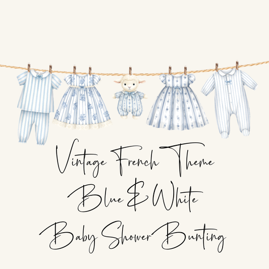 Vintage French Style Baby Shower Bunting – Clothesline Banner with Wooden Pegs