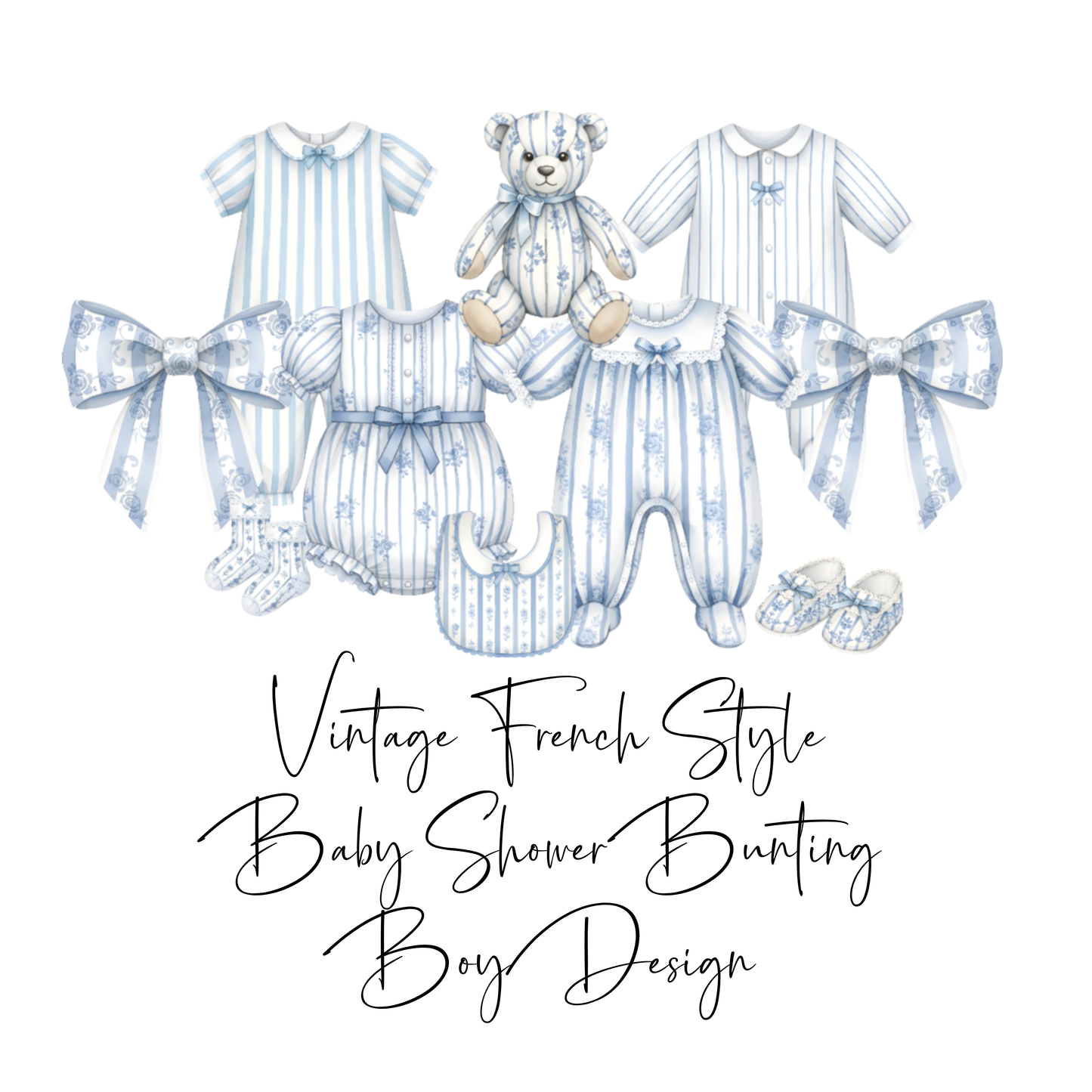Vintage French Style Baby Shower Bunting – Clothesline Banner with Wooden Pegs
